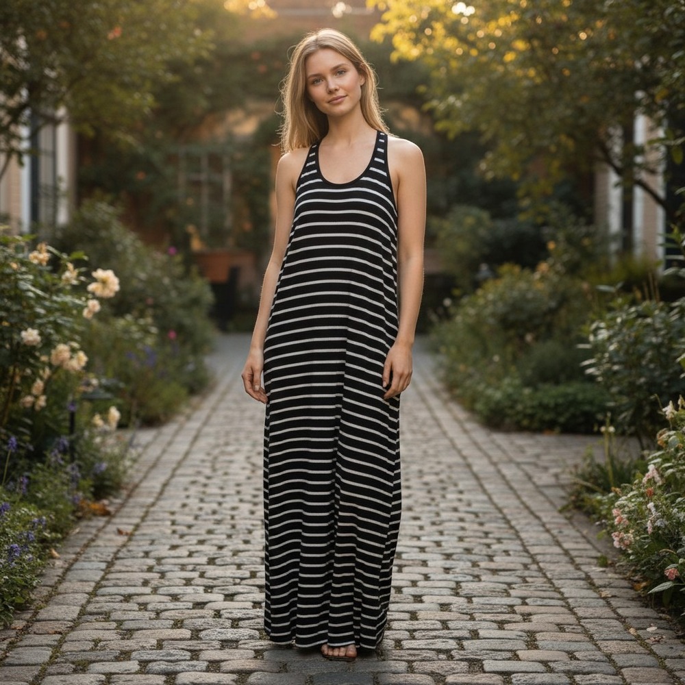 Poof Excellence Striped Maxi Dress Black White Racerback